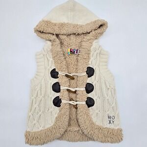 Roxy Kids Cream Cable Knit Sherpa Lined Hooded Vest Size Girls Small